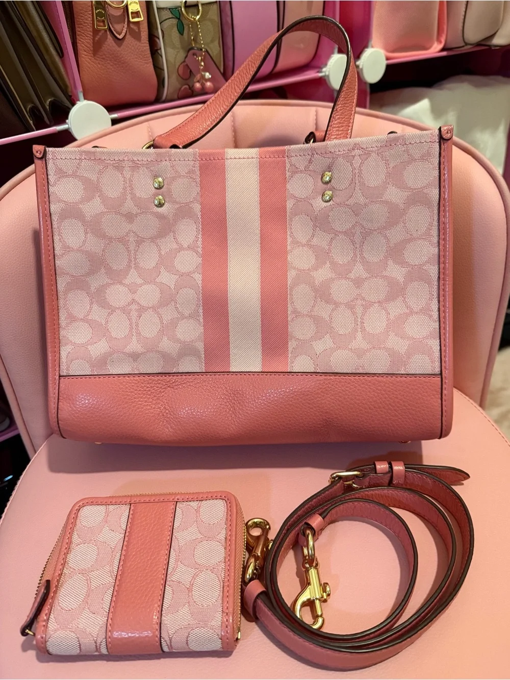 Coach Pink Signature Stripe Tote with Wallet and Strap